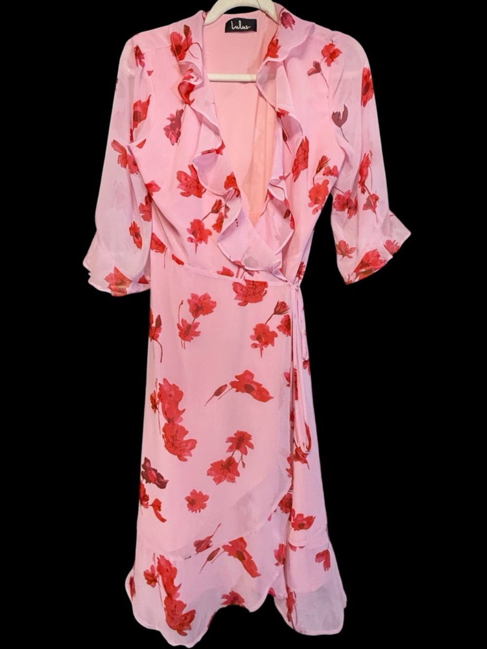 Lulus Pink Red Floral Ruffle Wrap Dress NWOT